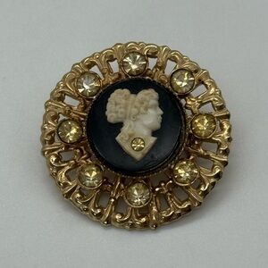 Vintage Small Cameo rhinestones Brooch Pin Gold Tone Demure Gift Black White